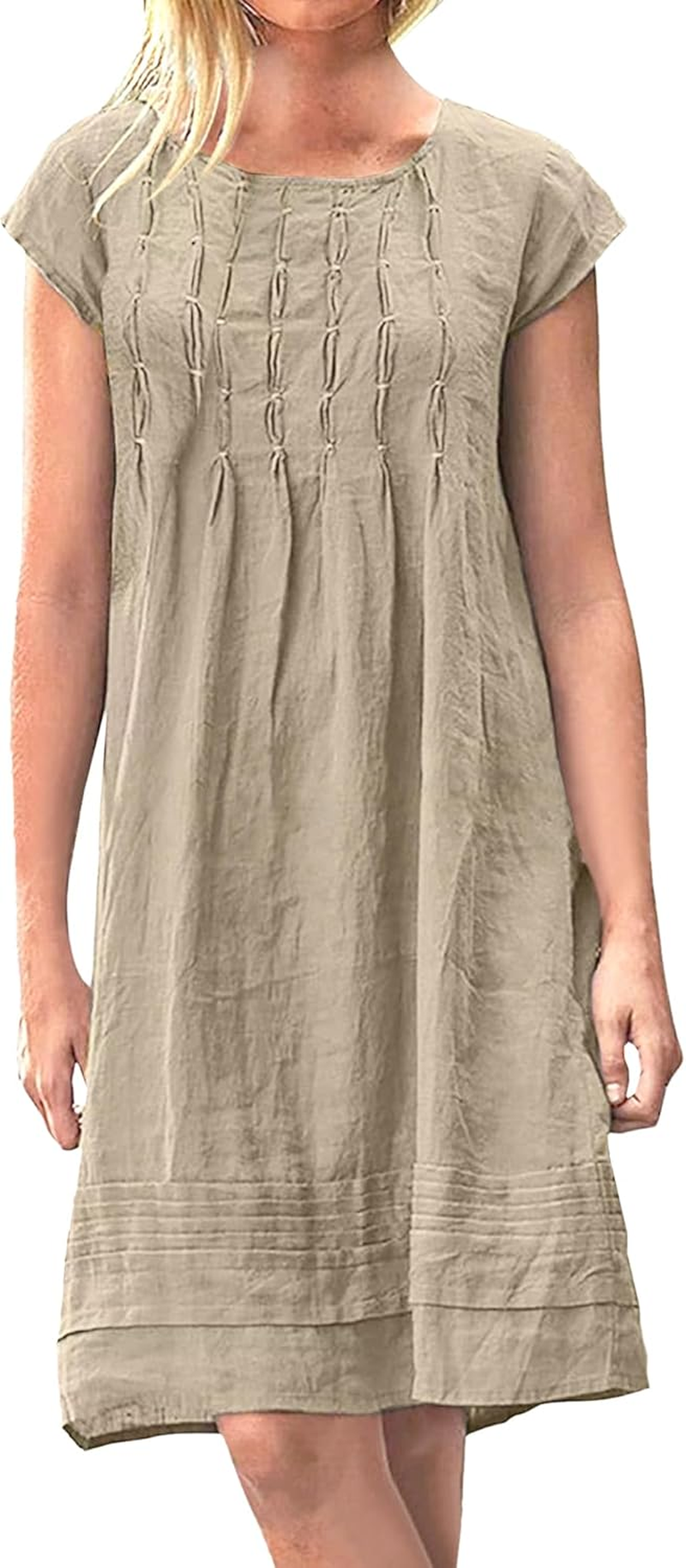 Women'S Cotton Linen Pleated Midi Dresses Casual round Neck Shift Dress Short Sleeve Beach Vacation Sundress
