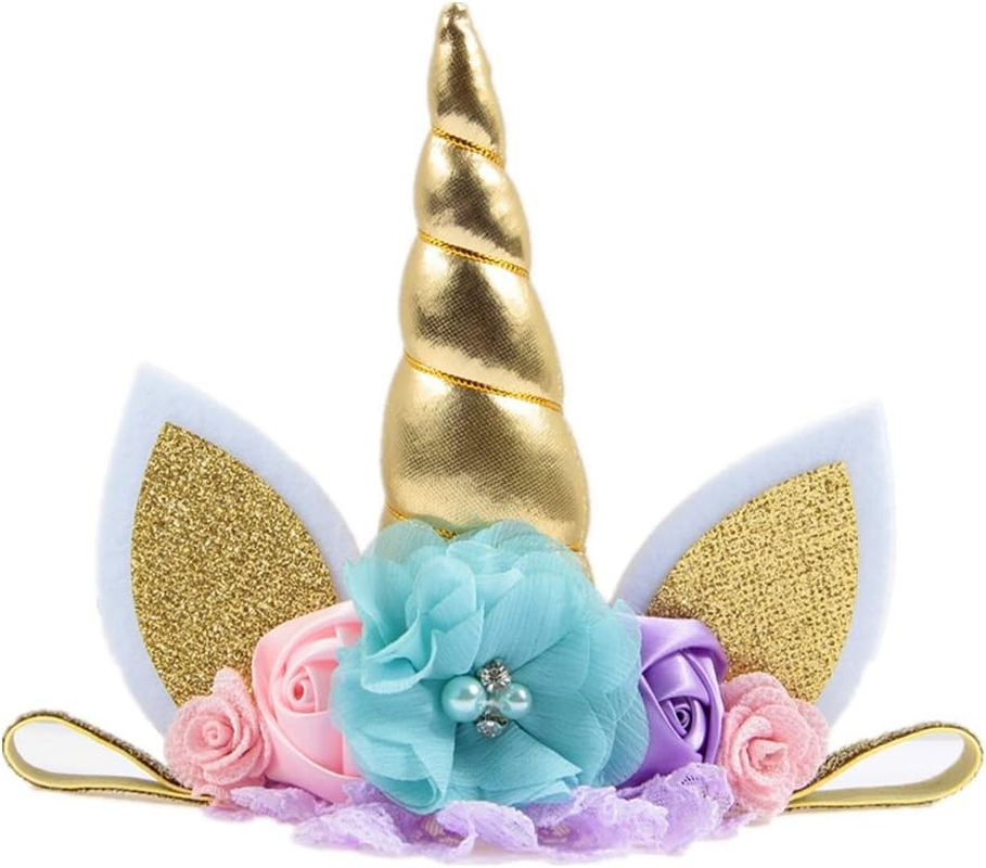 Nishine Baby Elastic Glitter Unicorn Horn Headband Children Unicorn Party Supplies Cosplay Gift - Chiffon-Gold image number 2