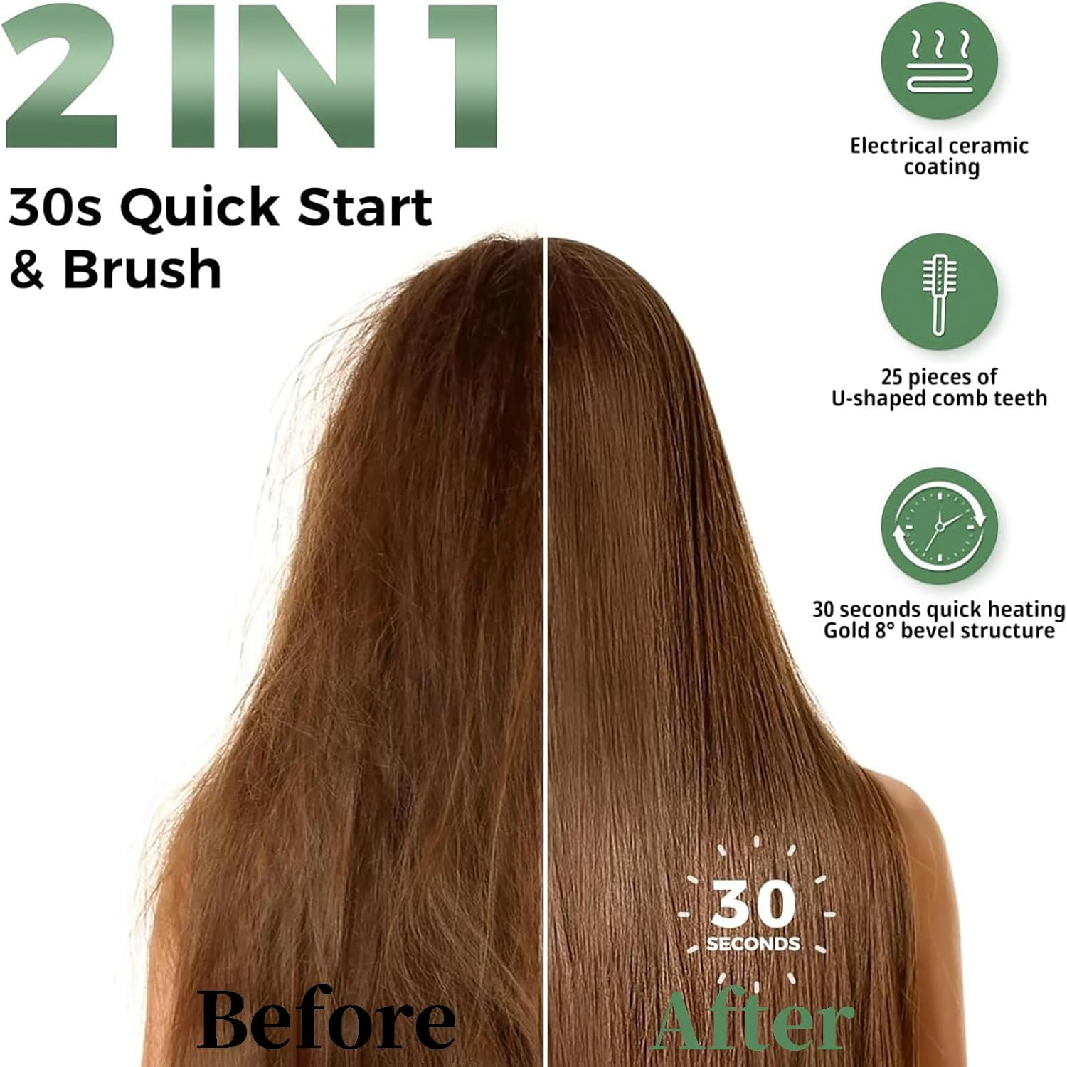 Xoxel Hair Straightener Brush Hair Iron with Built-In Comb, Fast Heating, 5 Temp Settings, Anti-Scald, Salon-Quality for All Hair Types Green image number 3