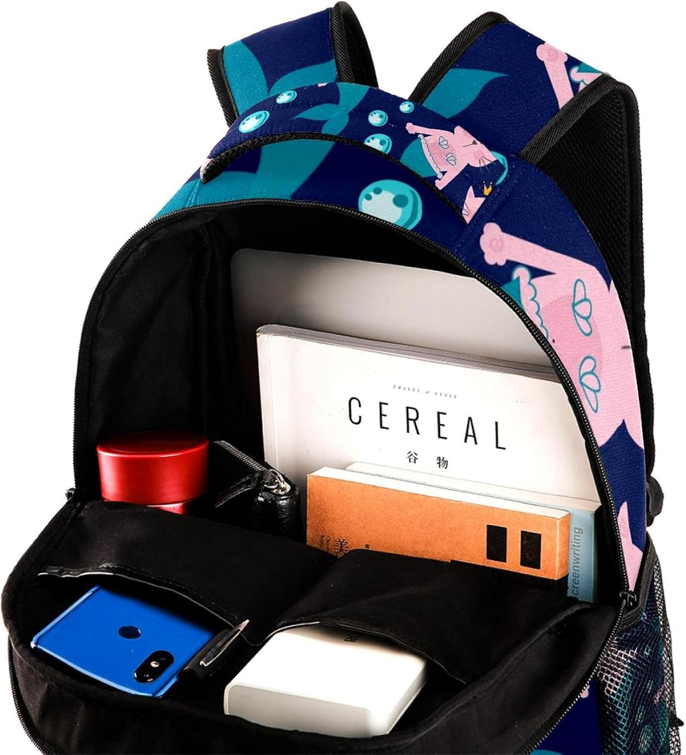 Cat Mermaid and Bubbles Backpack Students Shoulder Bags Travel Bag College School Tote Backpacks