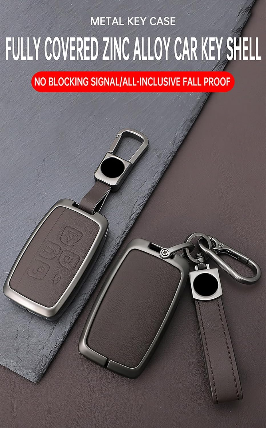 Leather Key Fob Cover with Keychain Metal Key Shell Cover Holder Fit for Evoque Velar Sport Discovery Freelander2 LR4 Sport Jaguar XF XJ XE F-PACE F-Type Smart Key Black - Long-Red image number 2