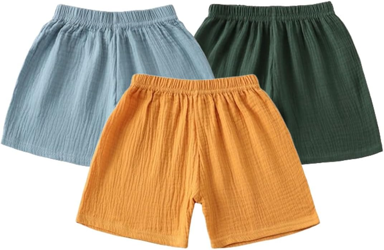 Elaowoho Baby Toddler Boys Shorts Cotton Linen Summer Loose Shorts 3 Pack Elastic Waist Solid Jogger Short Pants
