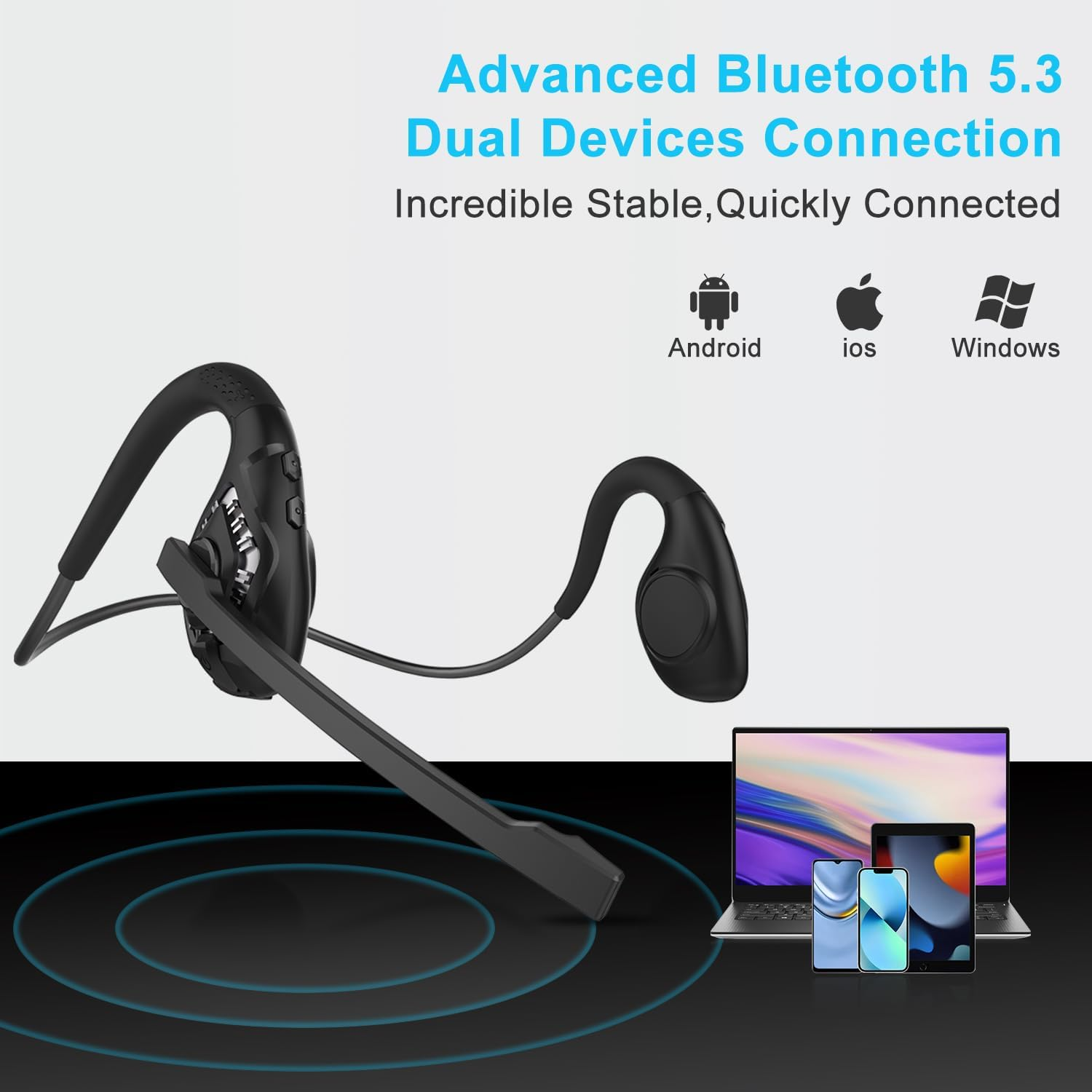 Idigmall Latest Bluetooth 5.2 Headset W/ CVC8.0 Noise Cancel Mic Boom, Open-Ear Air Conduction Wireless Stereo Headphones, All Day Comfortable Fit for Office Riding Driving Running Student Learning - Black image number 4