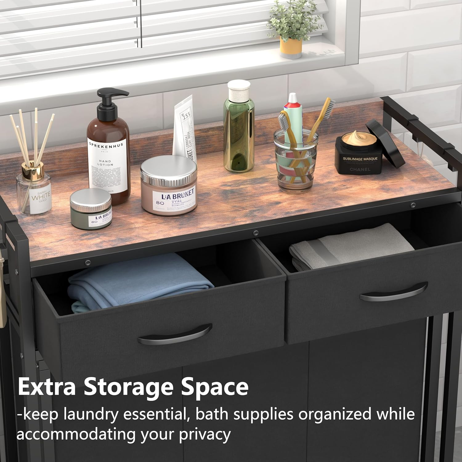 Kisfam Laundry Hamper Laundry Basket with 3 Section Pull-Out Rolling Bags, Laundry Sorter for Organization and Storage, 2 Pull-Out Drawers for Laundry Room, Bathroom, Bedroom Use (Brown) image number 2