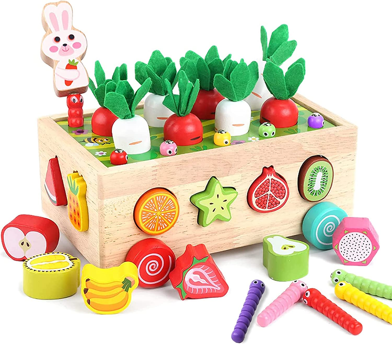 Montessori Toys for Toddler 1-3, Baby Wooden Educational Toy for 1 2 Year Old Boy Girl Gift, Farm Theme with Rabbit, 12 Fruit Blocks, 8 Carrots, 10 Worms & Shape Matching Sorting Car