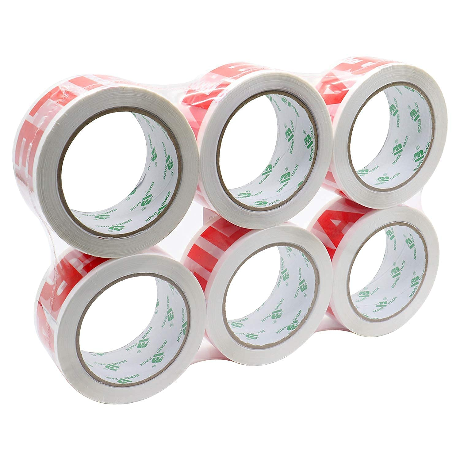 Fragile Tape Carton Box Packing Tape for Handle with Care Sealing and Shipping, White & Red, 6 Rolls 48Mm X 75M per Roll, BOMEI PACK image number 1