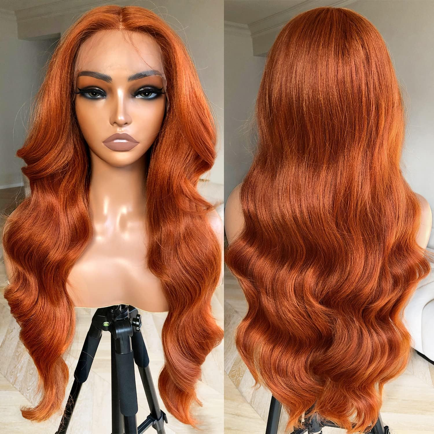 Blackswern Ginger Wig Ginger Orange Body Wave Lace Front Wig, Glueless Lace Wig, Pre-Plucked Pre-Layered Body Wave Wig with Curtain Bangs for Black Women, 24 image number 6