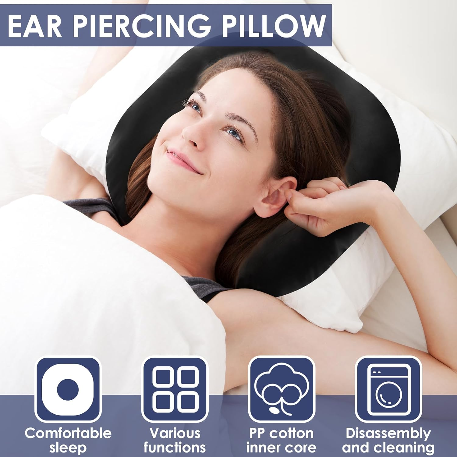 Ear Piercing Pillow Comfortable round Donut Shape Pillow with Ear Hole and Detachable Pillowcase Soft Filling for Side Sleepers.(Black) image number 4