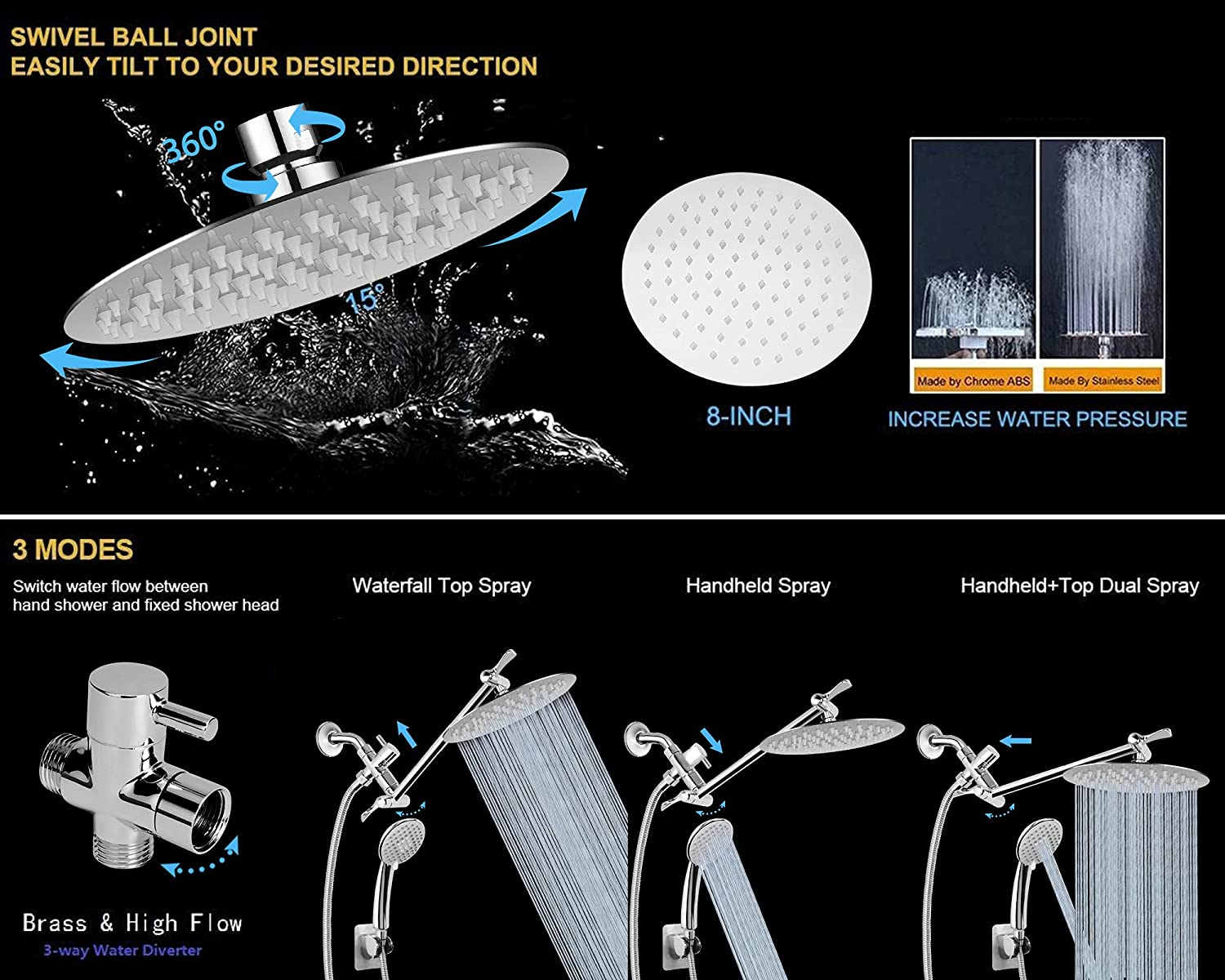 Nearmoon Solid Brass G1/2" Shower Arm All Metal Universal 3-Way Diverter Valve for Handheld and Fixed Head, Replacement Component Adapter (Chrome Finish) image number 5