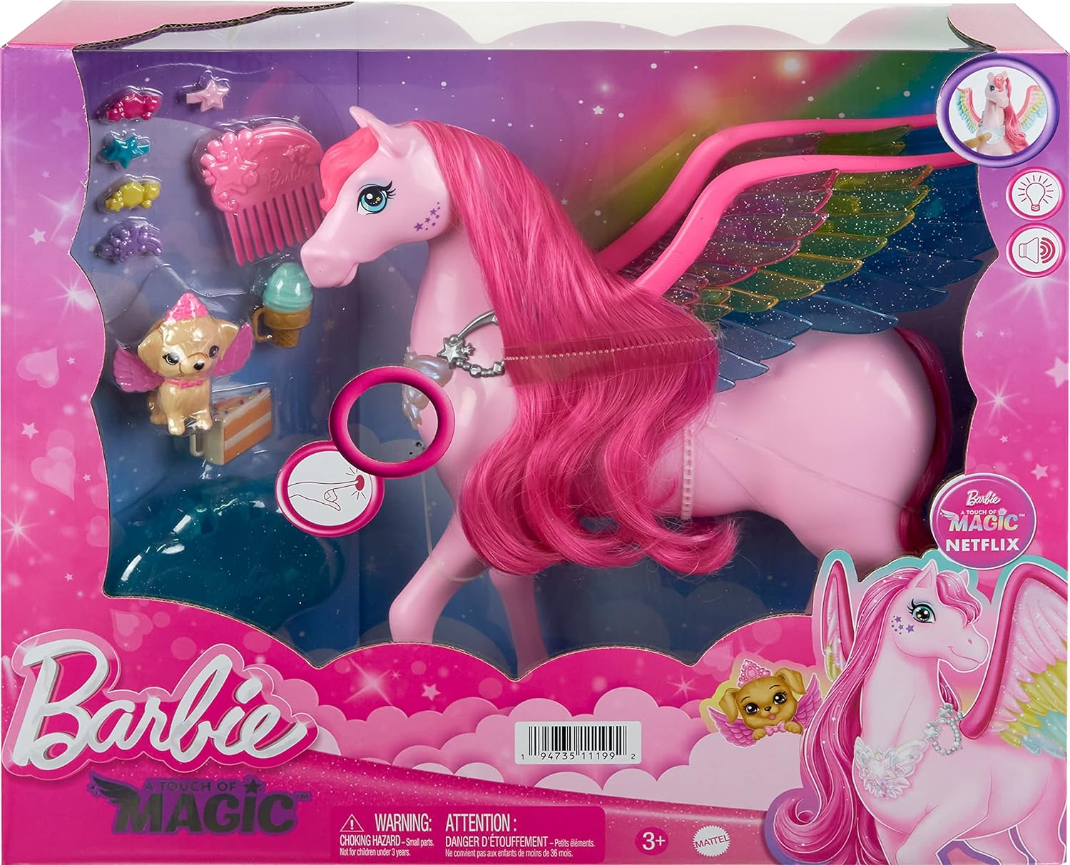 Barbie Pink Pegasus with 10 Accessories Including Puppy, Winged Horse Toys with Lights and Sounds, Barbie a Touch of Magic