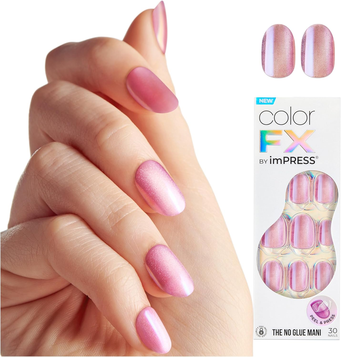KISS Colorfx by Impress Press on Nails , &lsquo;Starry&rsquo;, Solid Light Pink with Pearlescent Finish, Short Oval, IMPROVED Adhesive, Includes 30 Fake Nails, Prep Pad, 1 Manicure Stick, 1 Mini Nail File image number 6