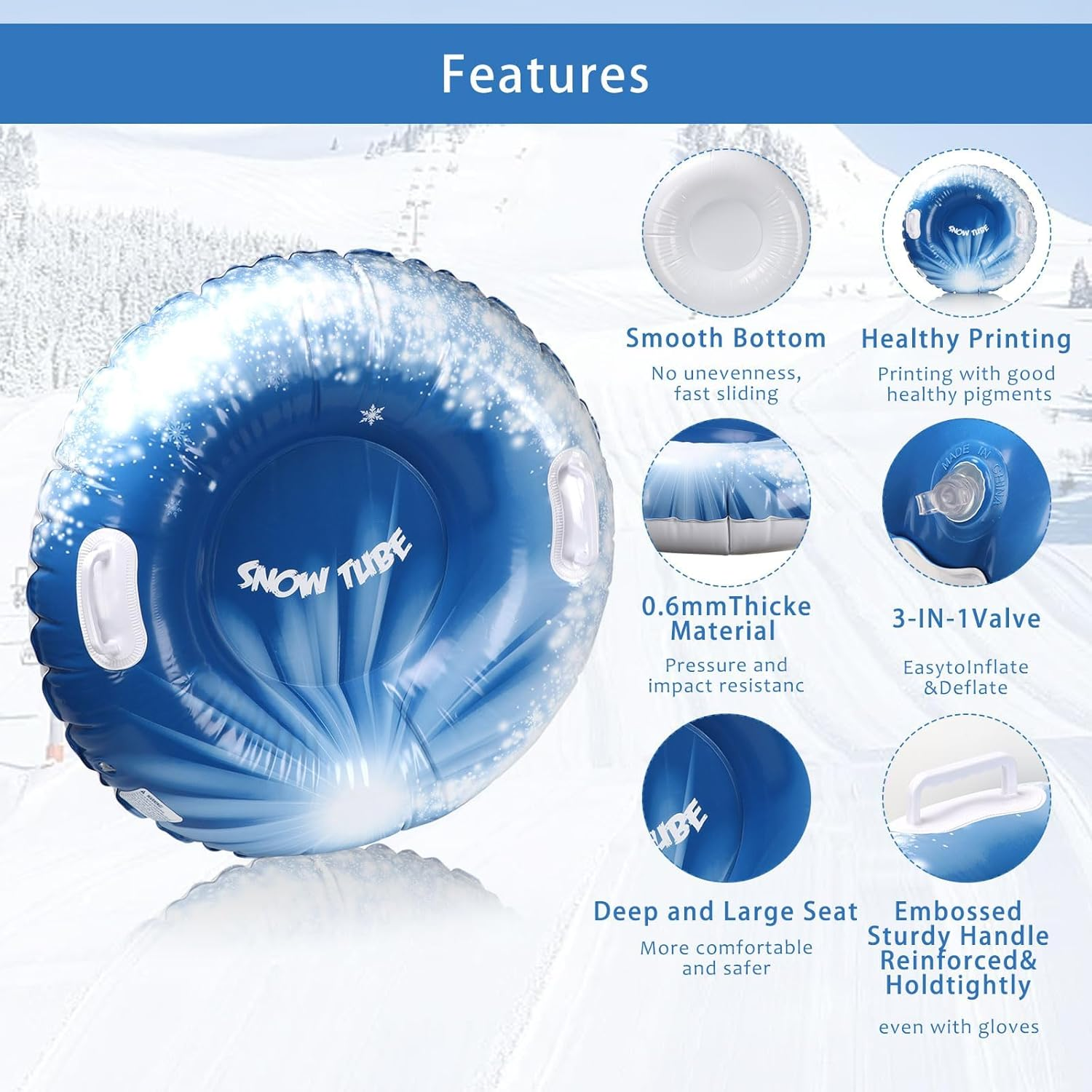 Snow Tubes, 37.4" 1Pack Inflatable PVC Snow Sled, Thickened Heavy Duty Hard Bottom Snow Sleds with Handles, Fun Winter Outdoor Sports Toys for Family Activities