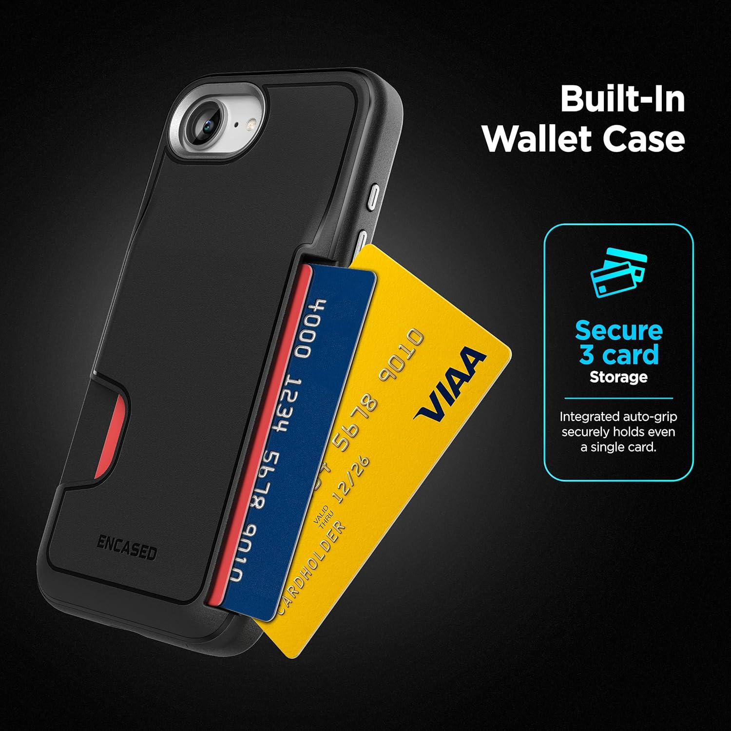 ENCASED Card Case for Iphone 16E Wallet Case with Secure Credit Card Holder Slot (Cache Series), Matte Black image number 7