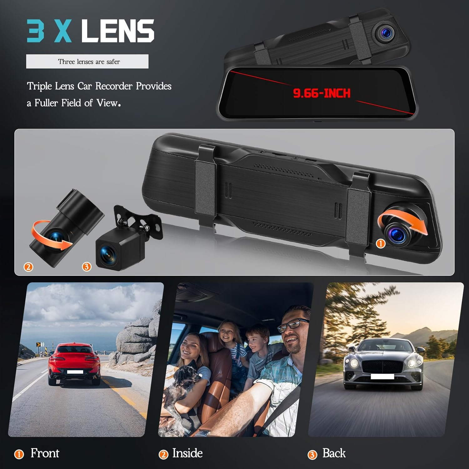 Rimoody 9.66" 2K Mirror Dash Cam 3 Channel Front 2K +Inside 1080P+ Rear 1080P, Rearview Mirror Camera, Touch Screen Front and Rear, G-Sensor Parking Assistance Night Vision 64GB Card