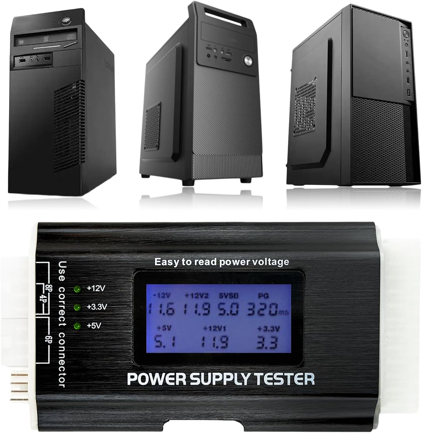 Computer PC Power Supply Tester, 20 24 4 6 8 Pin PC Power Supply Maintenance Tester Tool with LCD Display and Buzzer for ATX ITX BTX PCI E SATA HDD image number 6