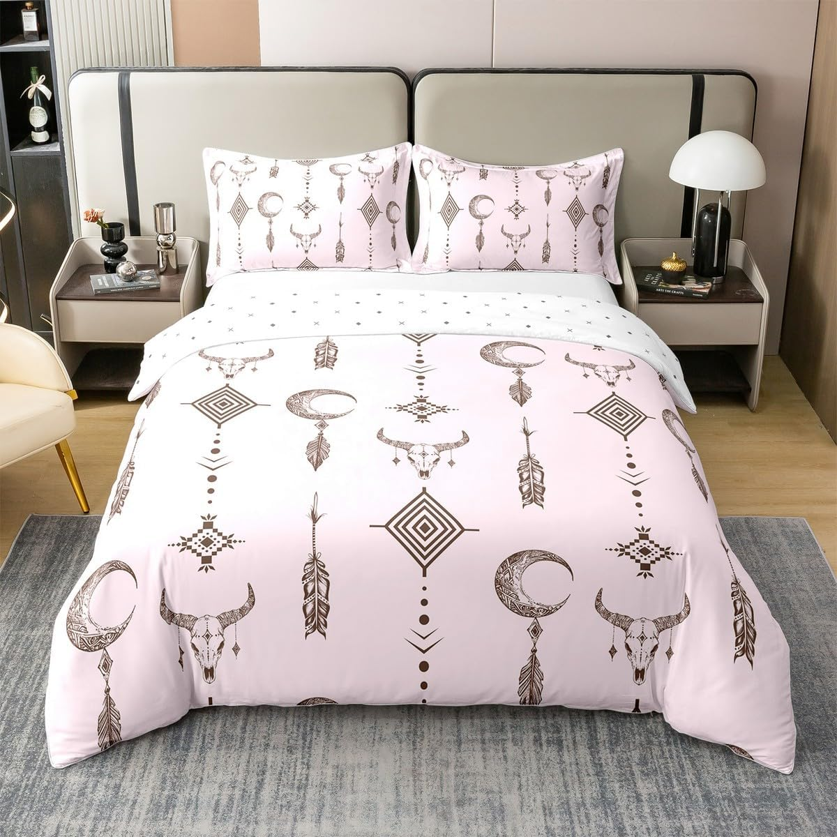 Aztek 100% Cotton Duvet Cover 200 X 200 Cm Western Tribal Bedding Set for Girls Rustic Square Bull Skull Horns Ethnic Bed Linen Geometric Retro Cow Boho Arrows Feathers Pink Bed Set image number 5