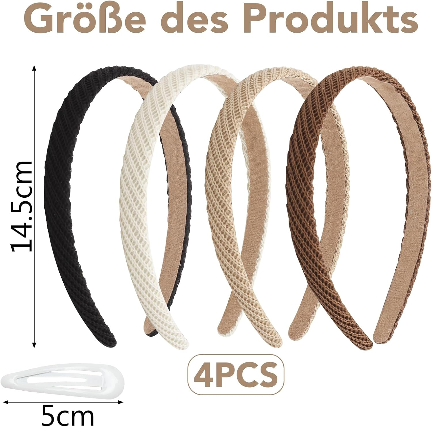 VOSSOT Pack of 4 Trendy Headbands, Women'S Headbands, Headbands, with 4 White Hair Clips (Black/Beige/Coffee/Brown) image number 6