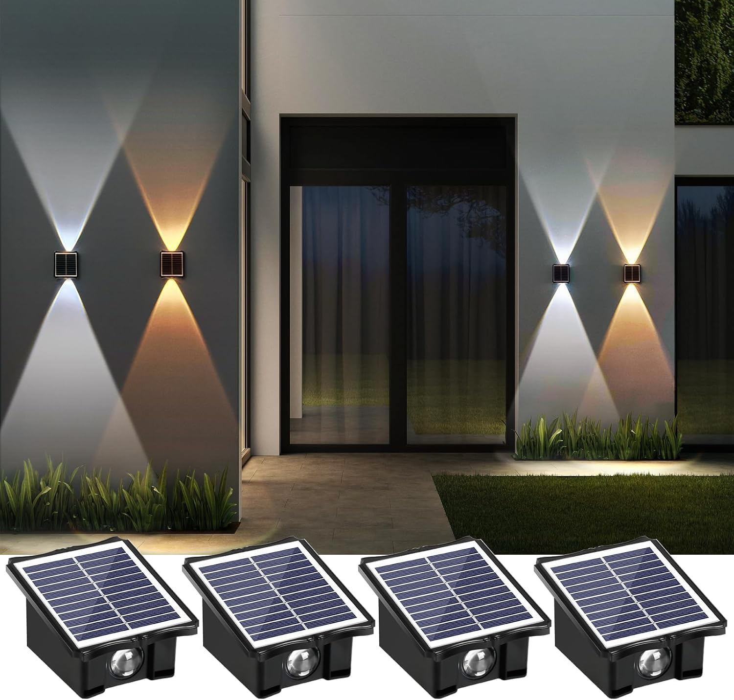 2LED Solar Wall Lights, up and down Lighting Solar Outdoor Light Waterproof IP65, 6500K/3000K Solar Fence Light Solar Powered Light for Yard Garden Garage Christmas Decorations (4 Pack)