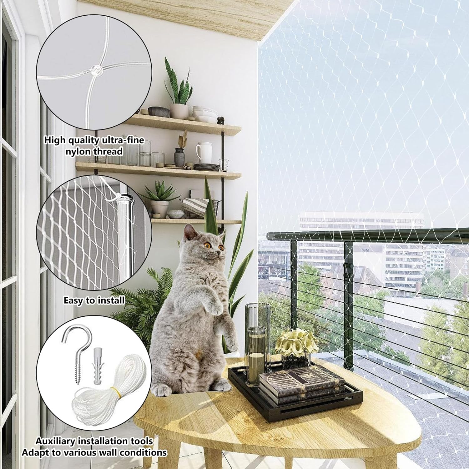Vegena Cat Net for Balcony, 8 X 3 M Cat Net, Balcony Net for Cats, Cat Protection Net, No Drilling, Cat Net with Accessories, Balcony Nets for Balconies, Patios, Windows, Doors, Garden image number 3
