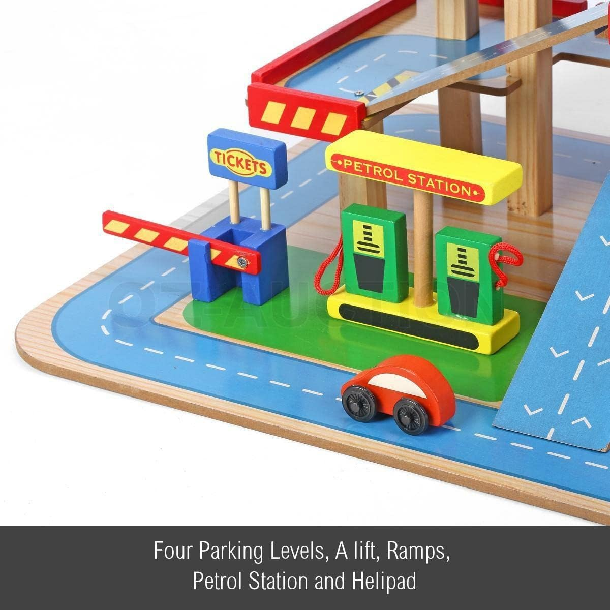 Kids Wooden Car Garage Premium Toy Car Park Car Ramp Car Parking Playset Colourful with 4 Levels Lift, Car&rsquo;S Car Wash, Petrol Station and Helicopter Pad image number 5