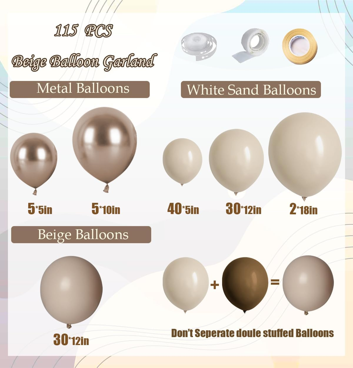 Boho Balloon Garland, 115PCS Beige Balloons Neutral Balloon Arch Kit with Champagne Balloon White Sand Double Stuffed Balloons for Birthday Party Wedding Bridal Shower Decorations (Beige) image number 5