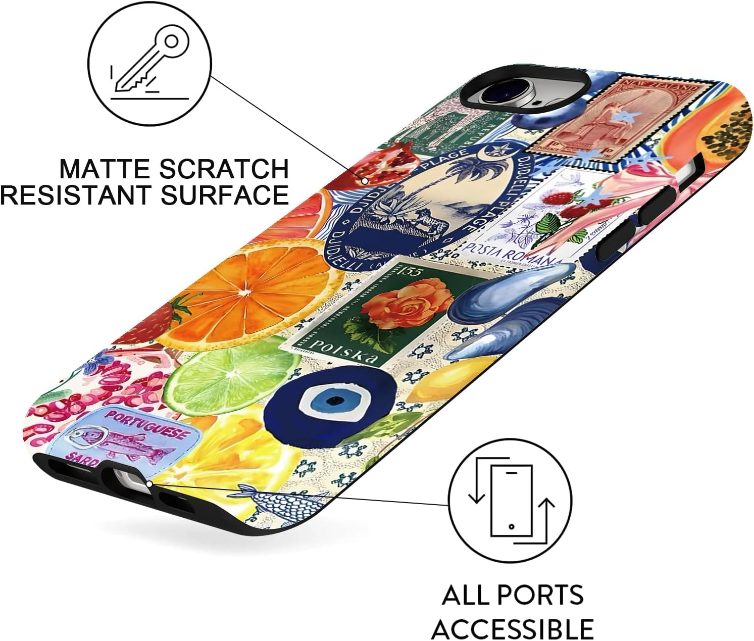 Yirlbey Mobile Phone Case for Iphone 16E Case 6.1 Inches, Aesthetic Summer Collage Fruit Pattern Design for Girls Protective Case Dual Layer Shockproof Soft Colourful Silicone TPU Bumper Case, Retro image number 6