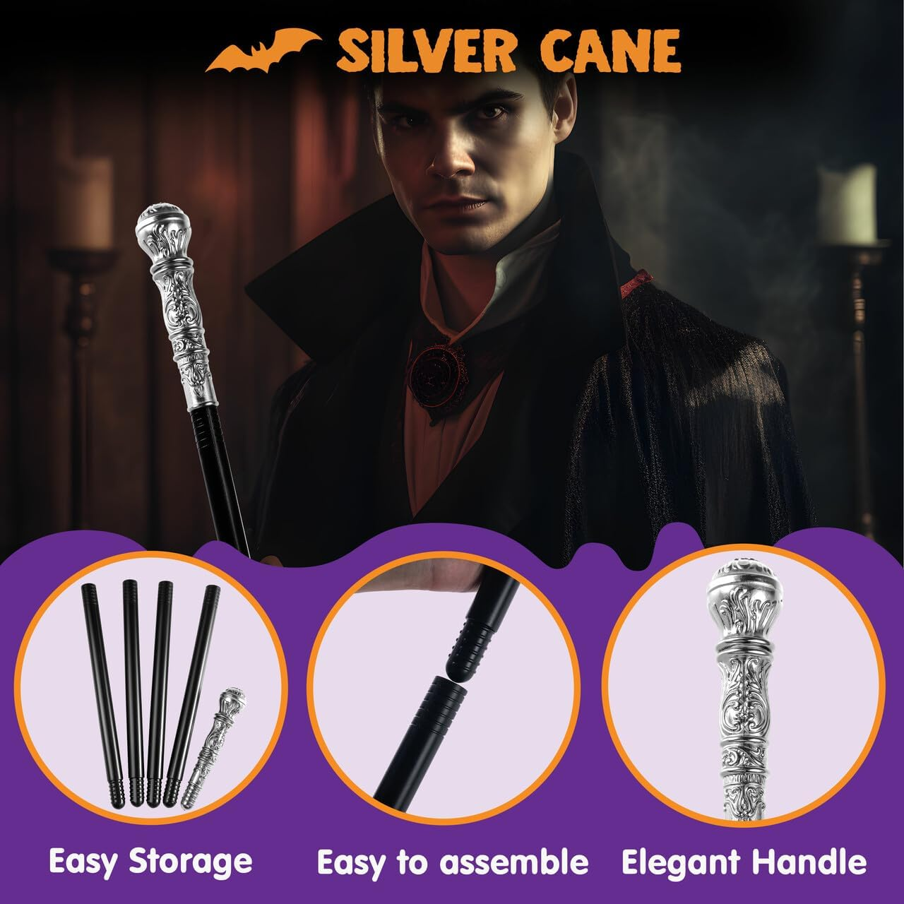 Spooktacular Creations Halloween Silver Walking Cane, Costume Walking Stick, Vintage Cane Prop Accessory for Halloween Party Pretend Play Costume, Halloween Dress Up image number 1