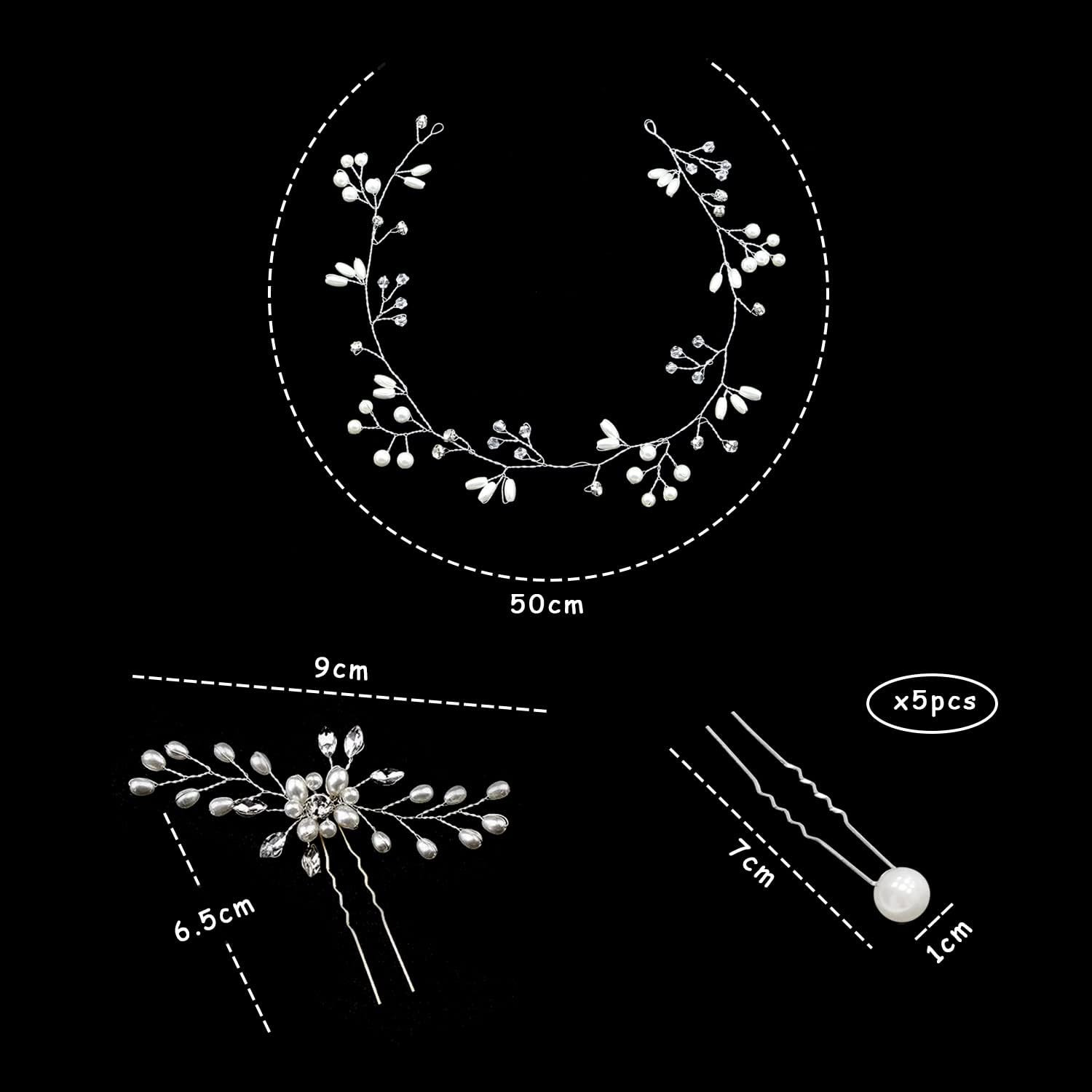 50Cm Vine Headband with 1 Piece Rhinestone Flower Hairpin and 5 Pieces U Shape Beaded Clips Vine Crystal Bridal Hair Accessories Suitable for Wedding (Silver) image number 2