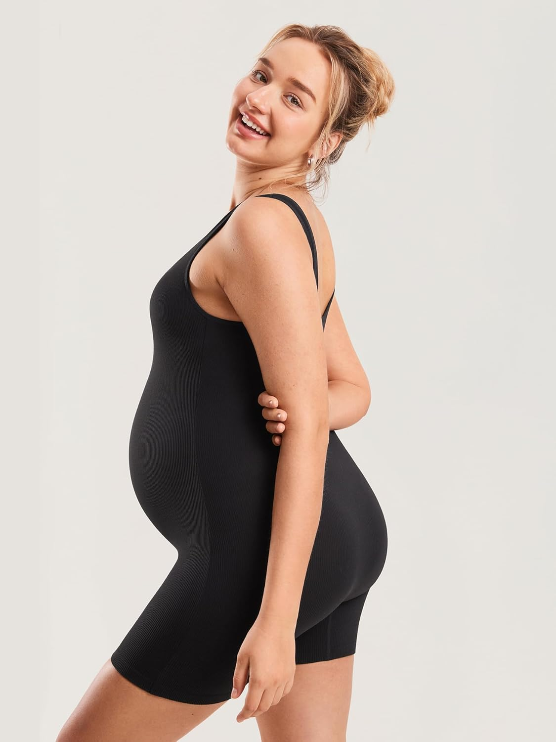 MOMANDA Women'S Maternity Bodysuit Ribbed Sleeveless Shorts Jumpsuit Square Neck Tank Top Romper for Pregnancy image number 1