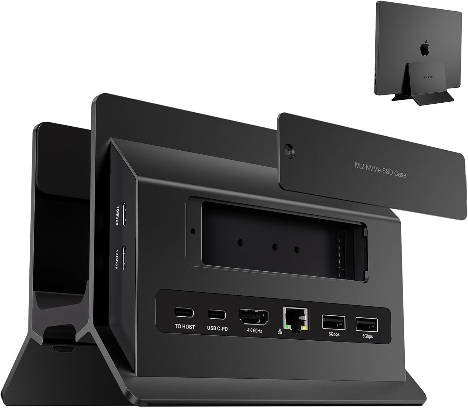 PULWTOP Vertical Laptop Docking Station for Macbook Pro Air, Support M.2 SSD Expansion, HDMI 4K, 2 USB-C 10Gbps, 2 USBA 5Gbps, RJ45, SD/TF, USB-C 100W PD Dock for Full-Featured Type-C Laptops - Black
