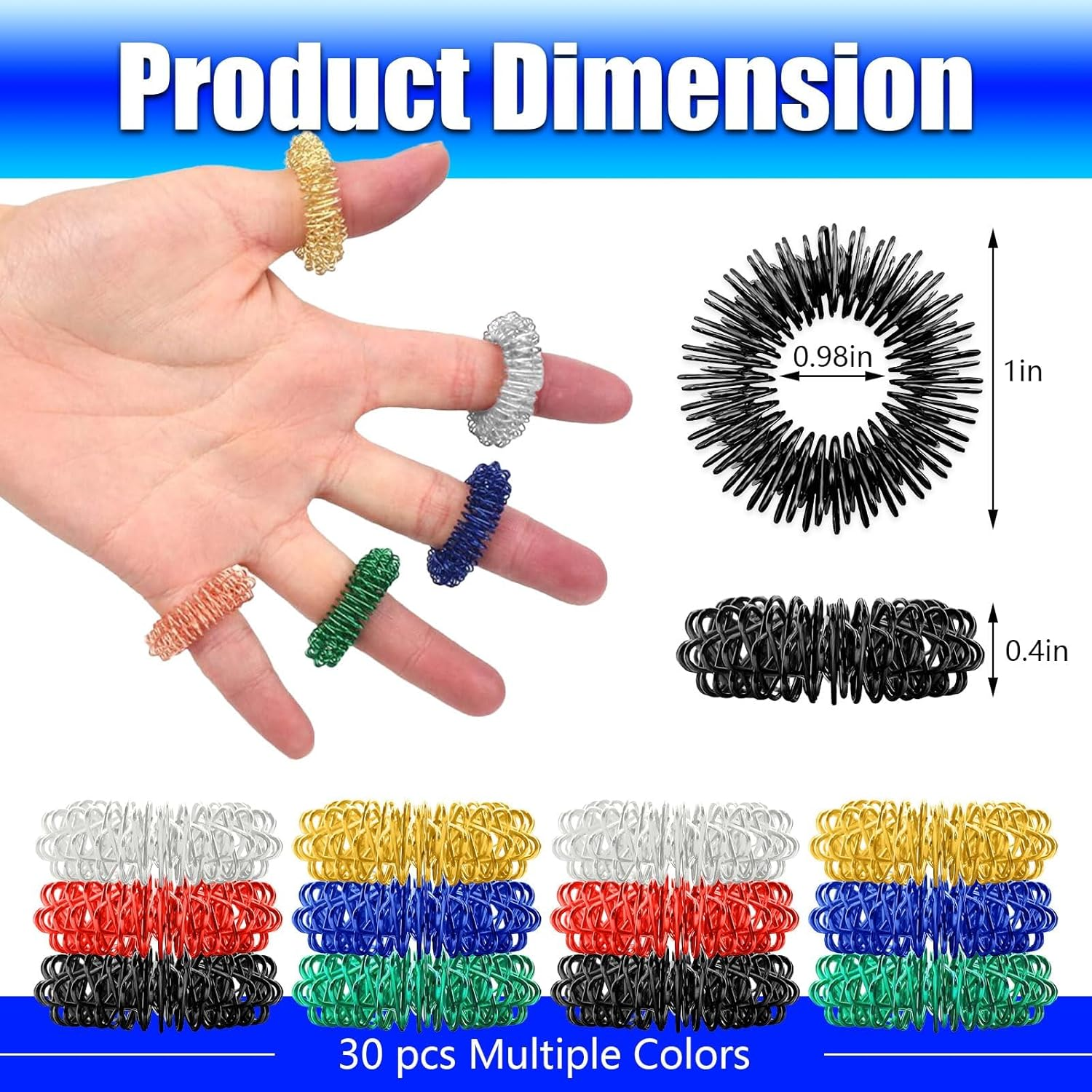Finger Massage Rings, 30 Pcs Acupressure Ring, Spiky Sensory Finger Rings for Teens, Adults Silent Stress Reducer and Massager (6 Color)