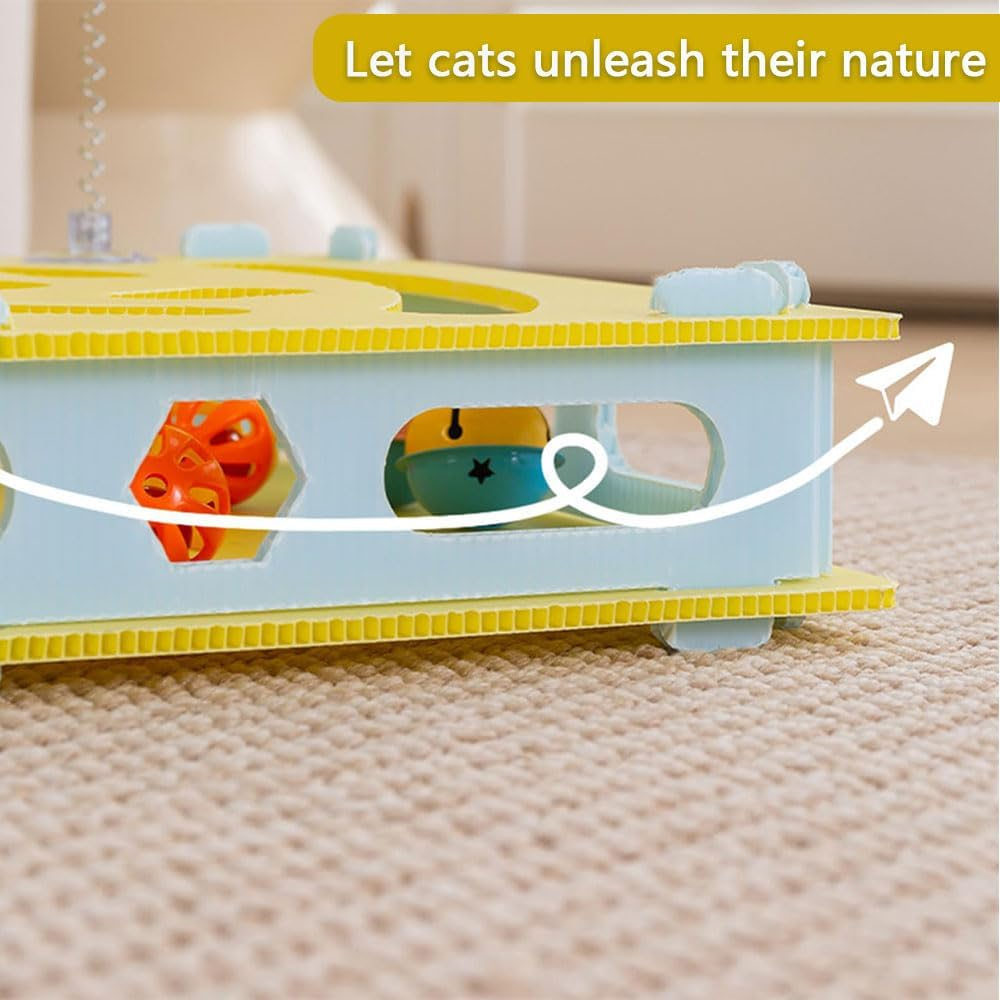 Interactive Cat Puzzle Toy &ndash; Digging Maze Game with Bell Track & Spring Balls, Boredom Relief Toy for Indoor Cats & Kittens, Mental Stimulation & Exercise Training, 15.75X11.81X1.97In, Yellow image number 4