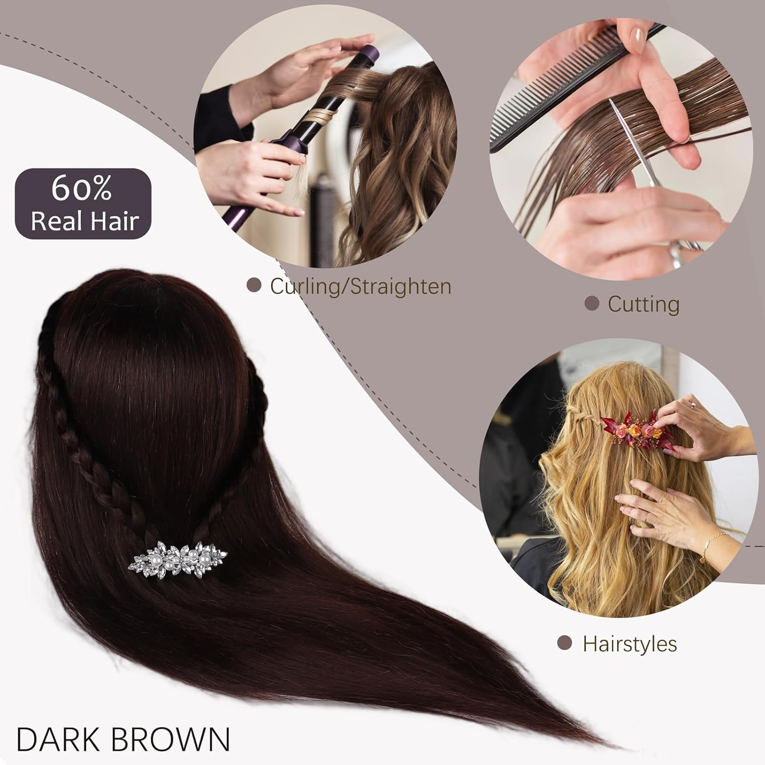 Hair Styling Training Head, 23" Dark Brown Cosmetology Mannequin Head Hairdressing Manikin Doll Head with Clamp & Styling Tools (Brown without Makeup) - Brown image number 6