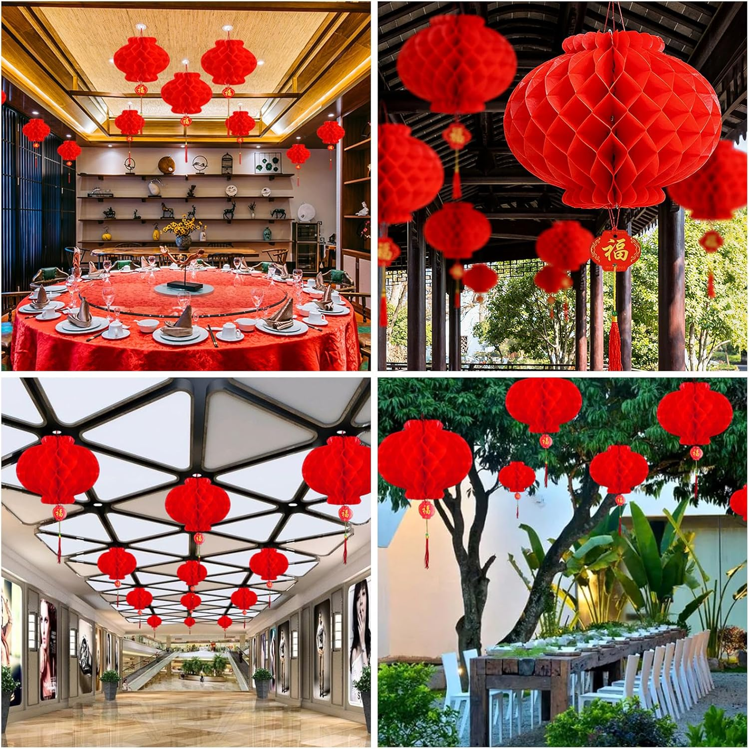 Chinese Lanterns, Plastic Paper Lantern, Red Hanging Lanterns, Red Lanterns, Red Paper Lanterns, Foldable Waterproof for Chinese Spring Festival Festive Decoration, Pack of 15 image number 6