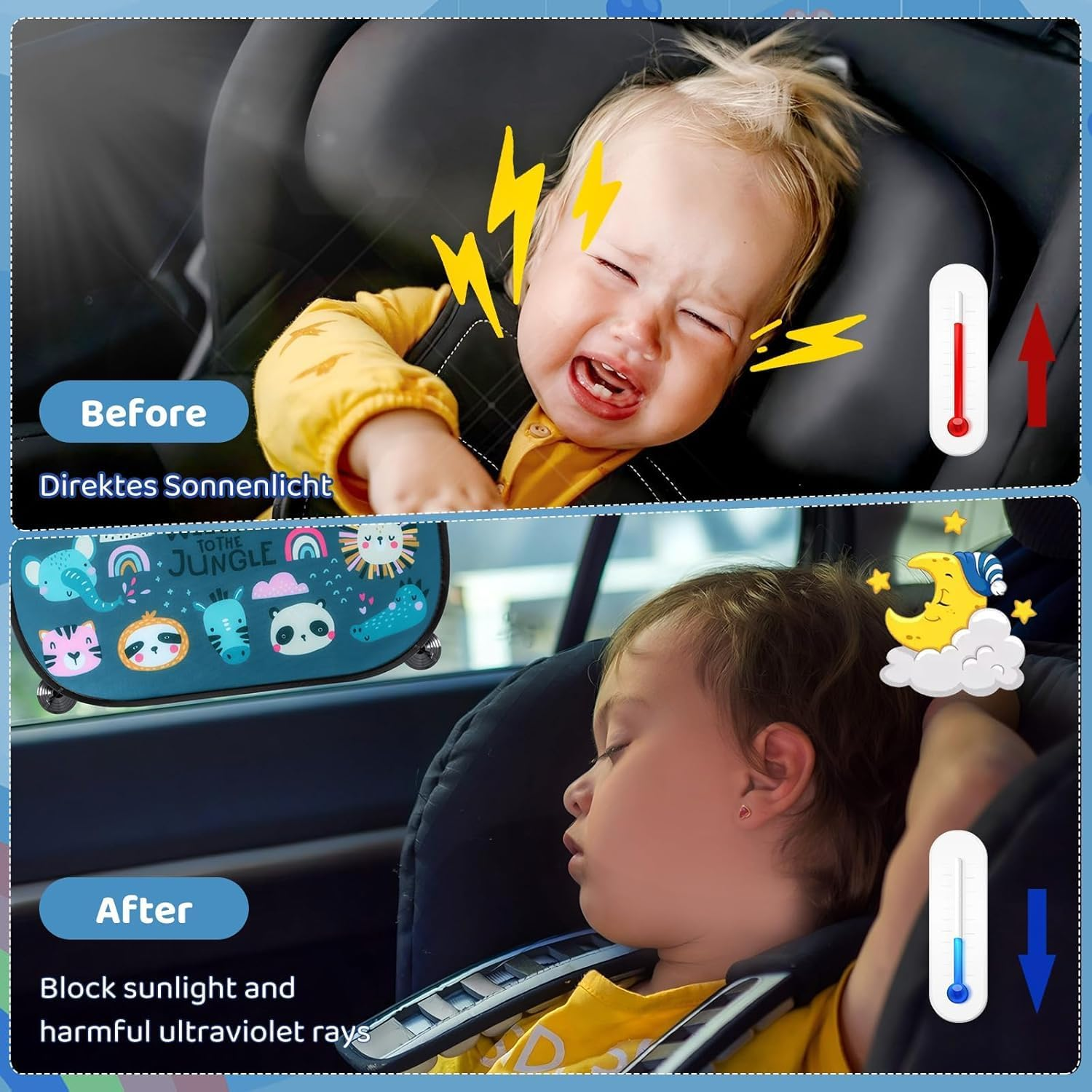 2 Pack Car Window Shades for Baby, UV Protection Sun Visor with Cute Animal Motifs, Universal Fit for Most Cars SUV Sedan, 51X31Cm Side Window Sunshades image number 5