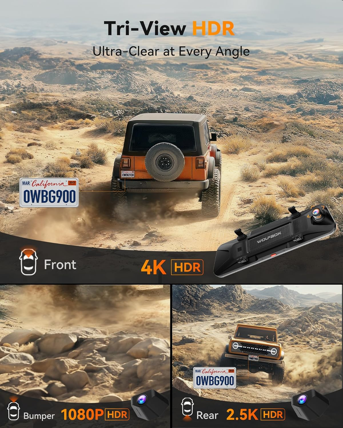 WOLFBOX G900 Tripro Bumper Version 3 Channel 4K Mirror Dash Cam, STARVIS 2 IMX678 Night Vision, 4K+2.5K+1080P Front and Rear Bumper Dash Cam, 5.8Ghz Wifi, Voice Control, Includes 256GB Card & GPS image number 2