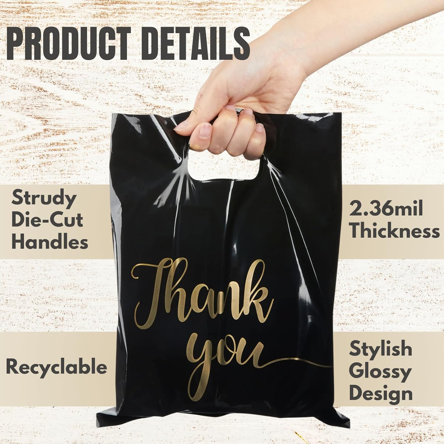 100 Pack Thank You Bags for Business Small Shopping Bags, Plastic Merchandise Gifts Bag for Packaging Products, Retail Boutique for Wholesale Clothes Stores, Polka Dot, Black (Black, 23X30Cm) image number 5