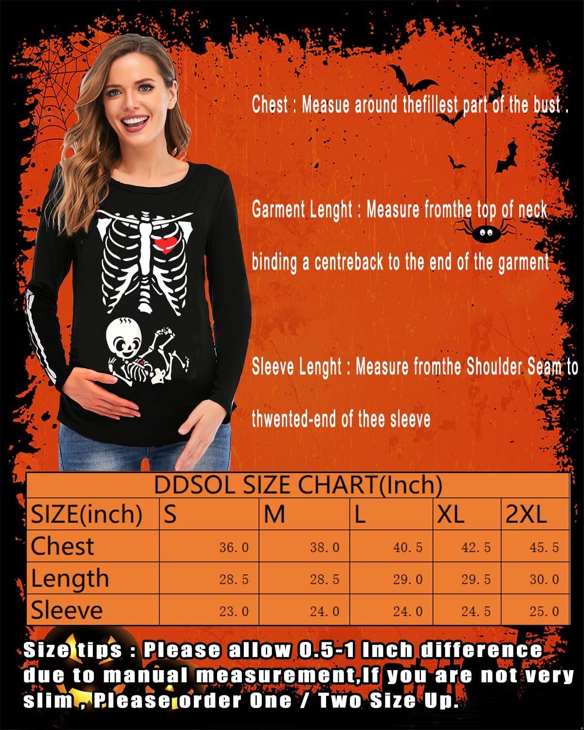 DDSOL Women Halloween Skeleton Maternity Shirt Long Sleeve Pumpkin Skeleton Baby Pregnancy Tops image number 4