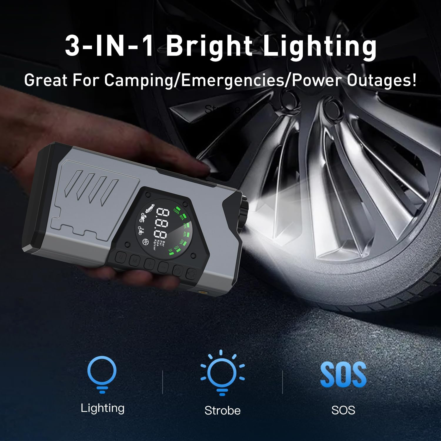 Portable Car Jump Starter with Air Compressor, 3000A Portable Jump Starter Pack with 150PSI Tire Inflator, 12Volt Jump Start Battery Pack with LCD Display/Flashlight (Up All Gas/8.5L Diesel) image number 5