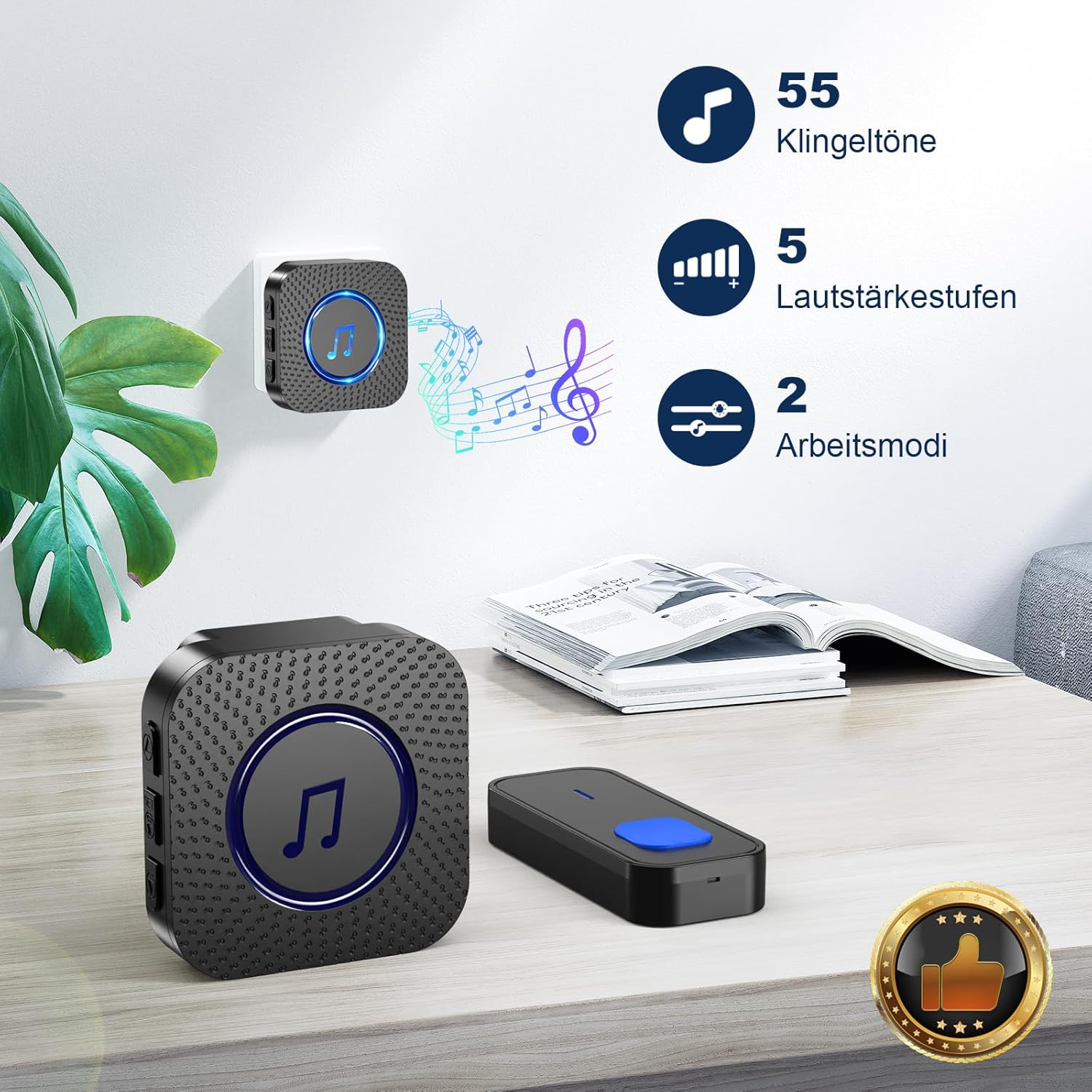 SURFOU Wireless Doorbell, Wireless Doorbell Set, 400 M Range, Outdoor, Waterproof, Front Door with 3 Receivers, Battery Operated Bell, Radio Transmitter with LED Flashing, 5 Vol. 55 Melodies, Black image number 5