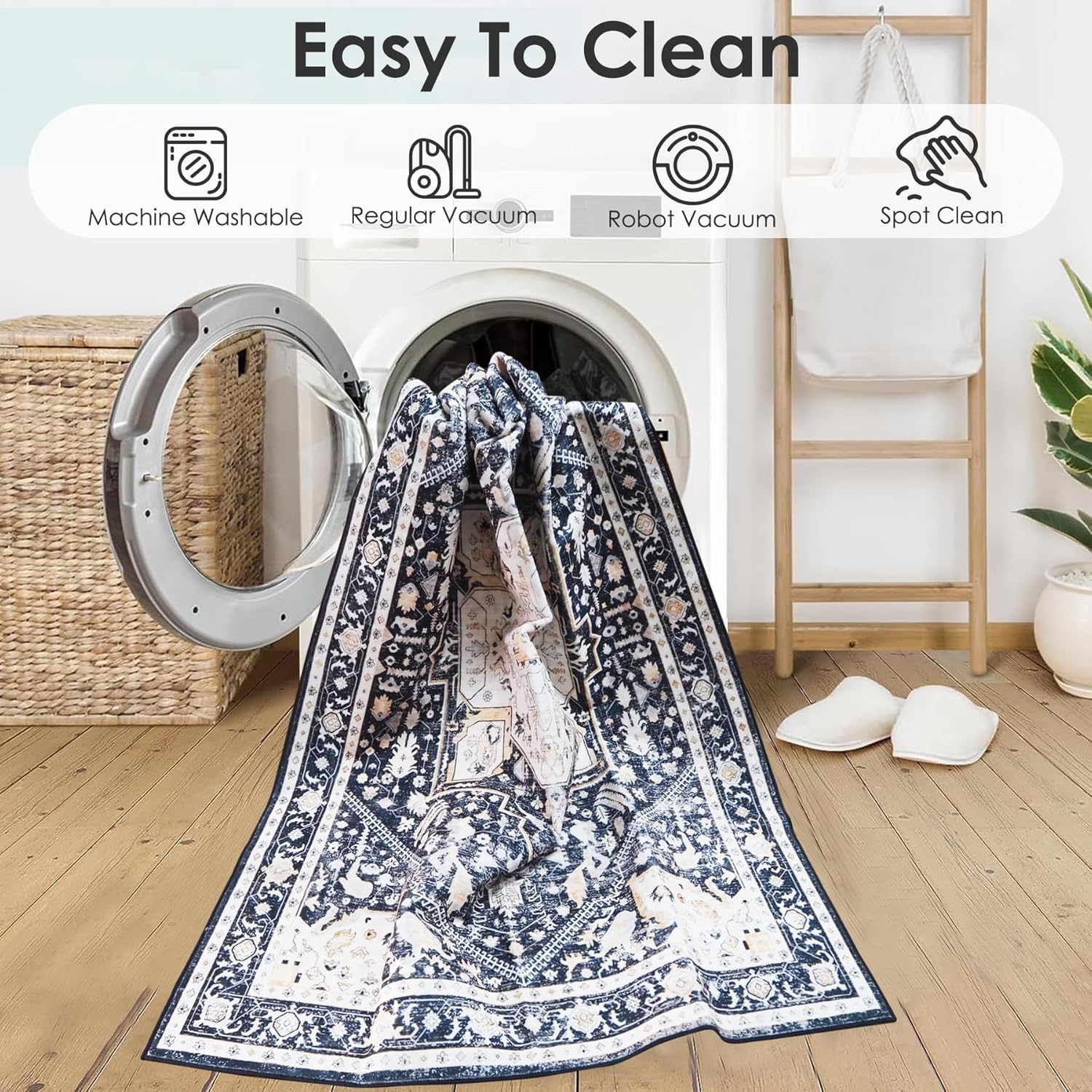 Washable Area Rugs, Soft Low Pile Faux Wool Vintage Carpet Non-Slip Boho Chic Floral Foldable Modern Abstract Large Rug for Living Room Bedroom Kitchen Office Floor Mat (Color 1, 120X180Cm) image number 6