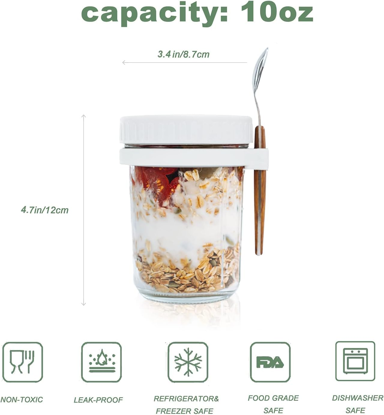 MOTYYA Minimalist Overnight Oats Container, 10 Oz Glass Airtight Yogurt Oatmeal Jar Set of 2, Portable Breakfast and Lunch Storage Container image number 6