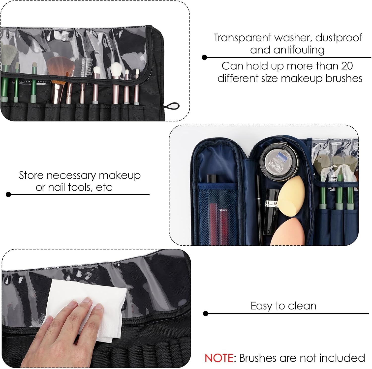 DODAMOUR Makeup Brush Case with Silicone Makeup Brush Cleaner Bowl, Portable Travel Makeup Brush Holder, Waterproof Cosmetic Brush Rolling Foldable Storage Bag (Black) image number 4