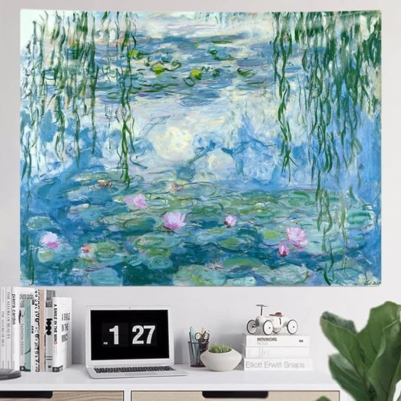 Water Lilies Tapestry Wall Hanging Monet Flowers Floral Wall Art with Hemmed Edges, Wall Blanket Home Decor for Bedroom College Dorm, Blue, 60X51 Inches(Water Lily) image number 2