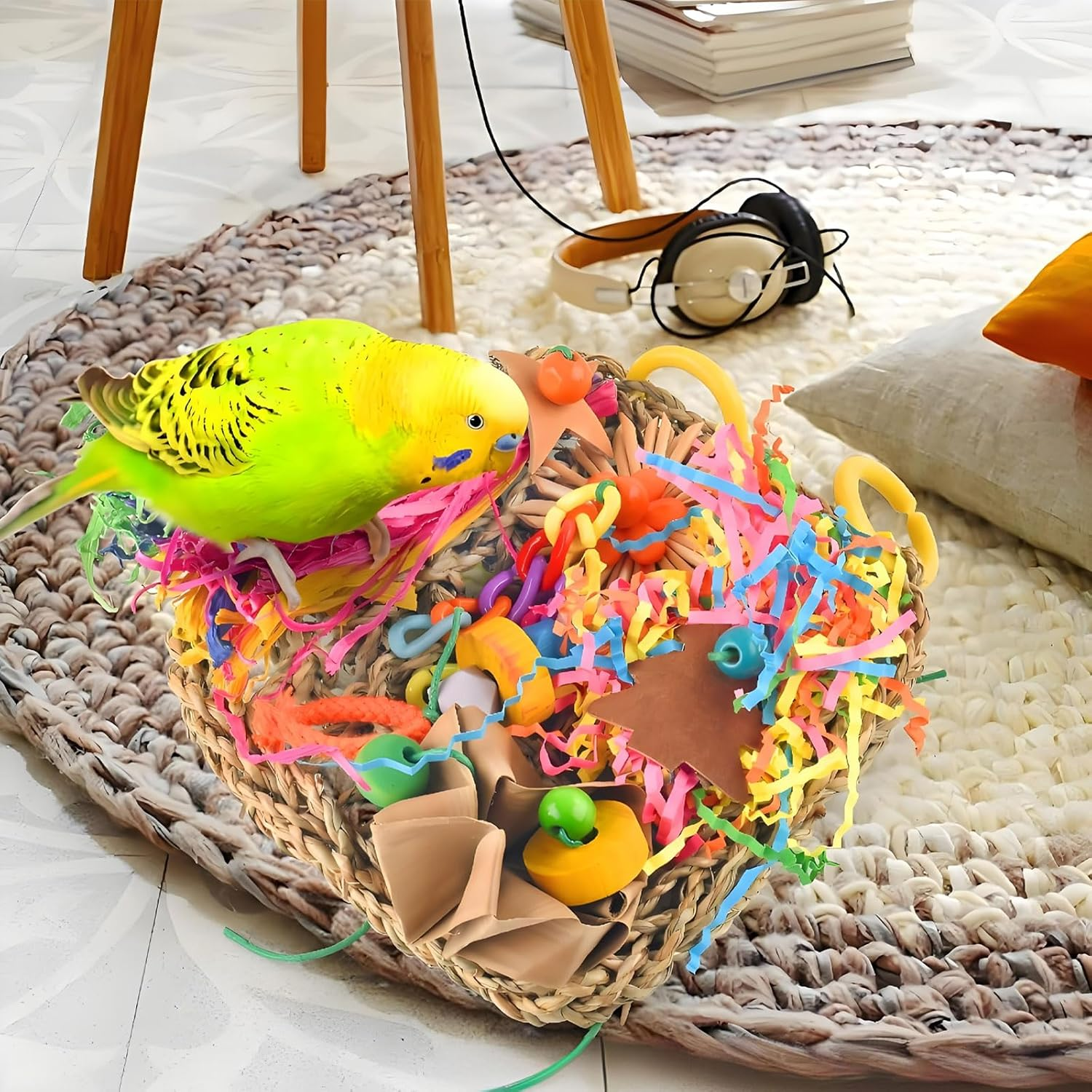 RUIFEN 7.5X7.5In Natural Bird Chew Toy for Small & Medium Parrots &ndash; 3-In-1 Climbing Net with Corn Leaves/Straw Rope/Paper Shreds, Safe for Budgies, Cockatiels & Conures image number 2