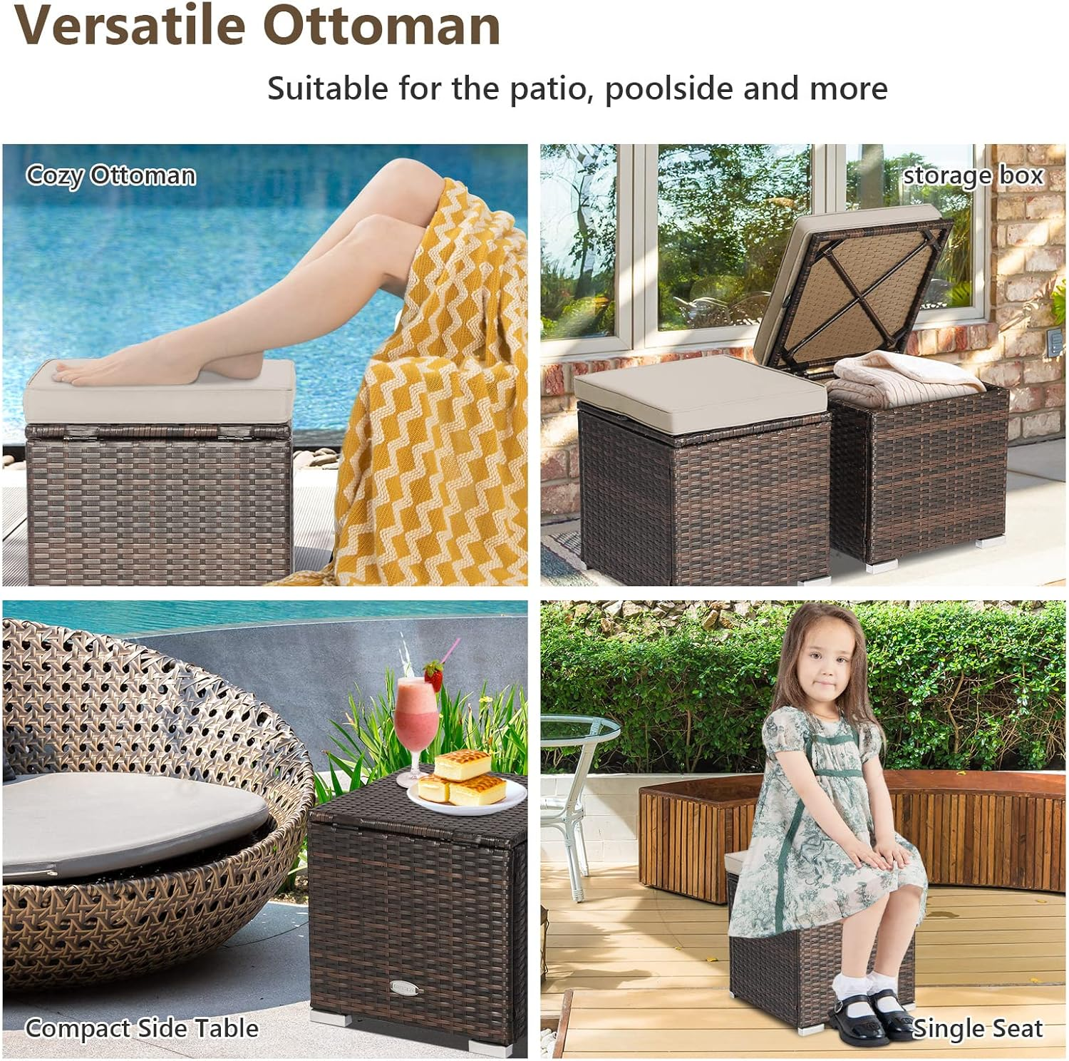 Costway 2-Pieces Patio Ottomans, Outdoor Hand-Woven PE Rattan Side Table W/Removable Cushion & Hidden Storage Space, Footrest, Storage Box, Seat for Patio, Backyard, Poolside (Beige (Cushion)) image number 3