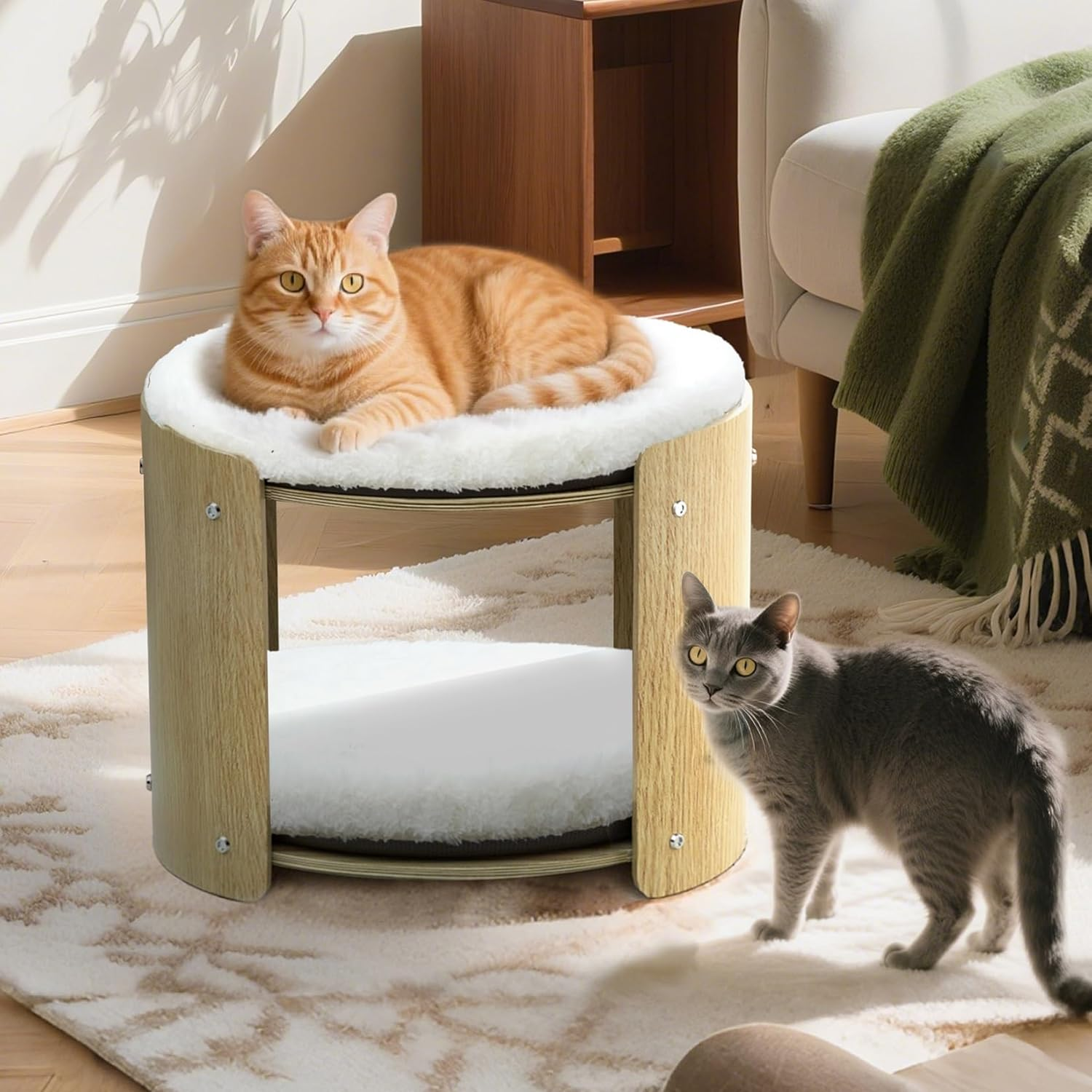 Bingopaw Elevated Cat Bed: 2-Tier Cat Stool for Indoor Cats, Beech Wood Frame Double Kitten Bunk Bed Pet Furniture with Super Soft Plush Mats More Thicker image number 3