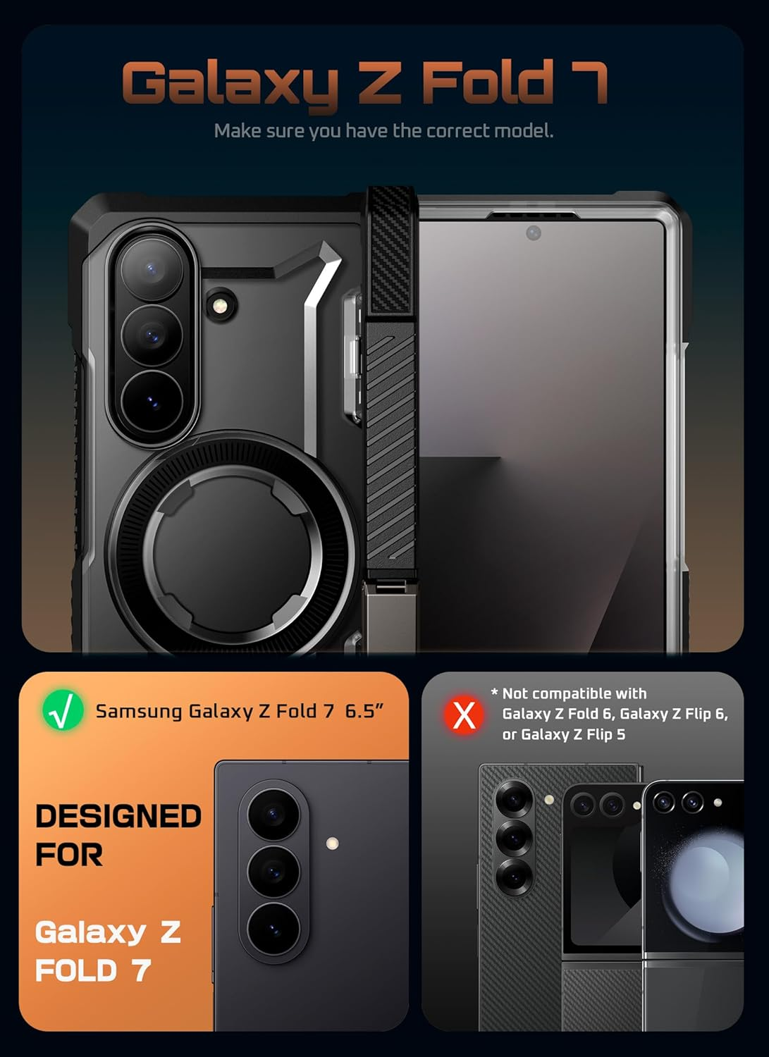 SUPCASE for Samsung Galaxy Z Fold 7 Case with Kickstand (UB Grip), [Compatible with Magsafe] [Built-In Tempered Glass Screen Protector] [Hinge Coverage] Military-Grade Protection Case, Black - Cobalt image number 5