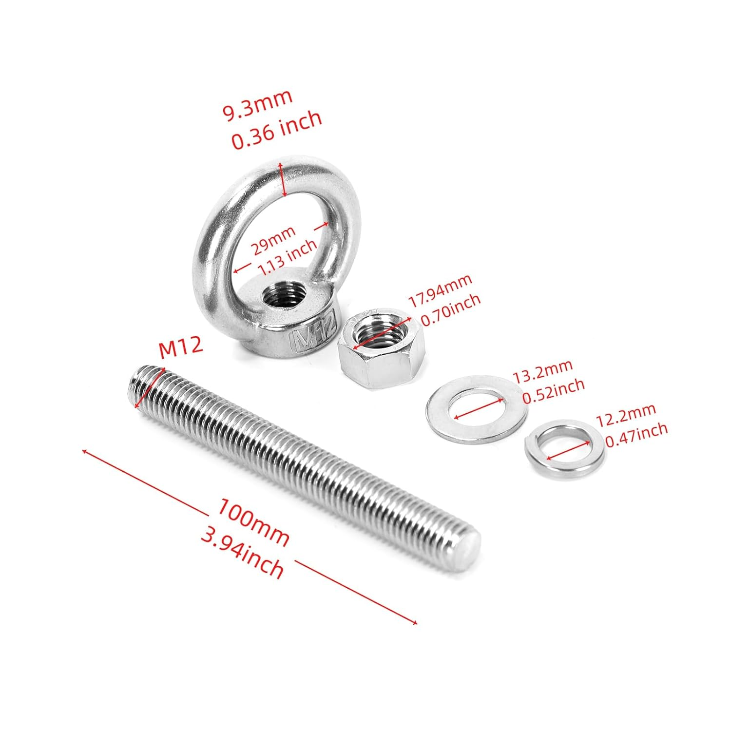 Ruimou 6 Sets M12 Lifting Eye Bolts with Nuts and Flat Washers for Industrial, Furniture Decoration, Construction, Marine, Mechanical Equipment (M12) image number 2