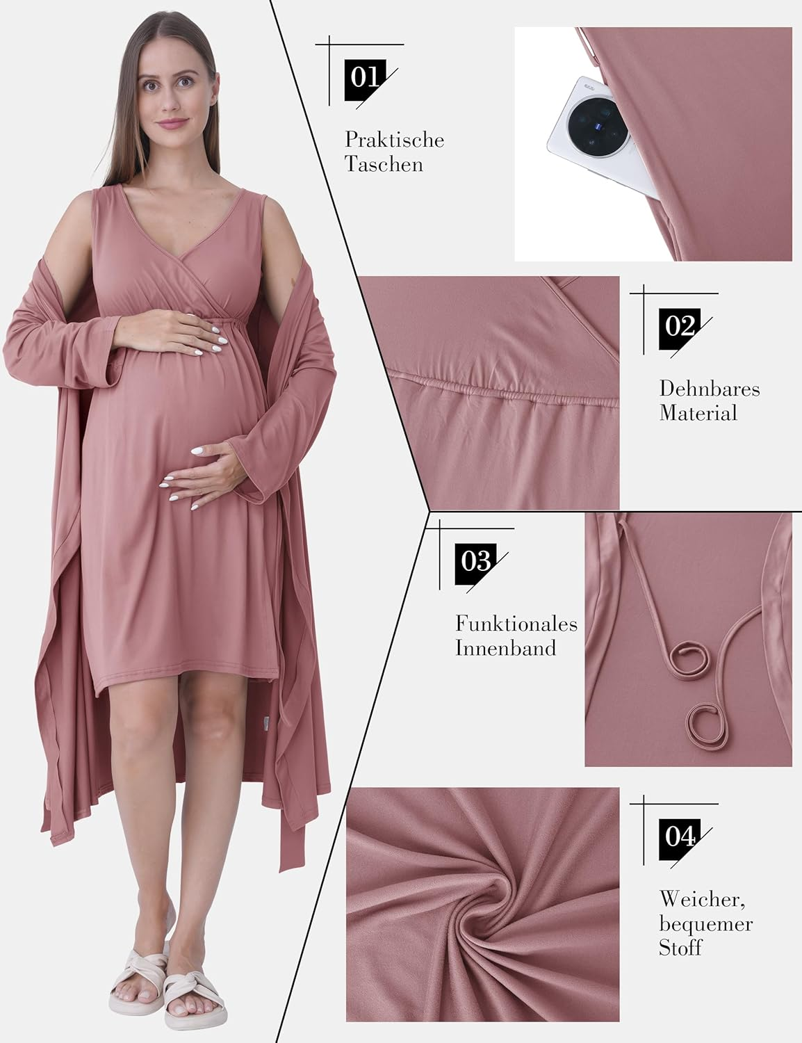 SUNNYBUY Maternity and Nursing Nightdress with Dressing Gown 2-Piece 3-In-1 Pregnancy Night Dress Set for Birth, Postpartum and Breastfeeding, Hospital Sleepwear image number 6